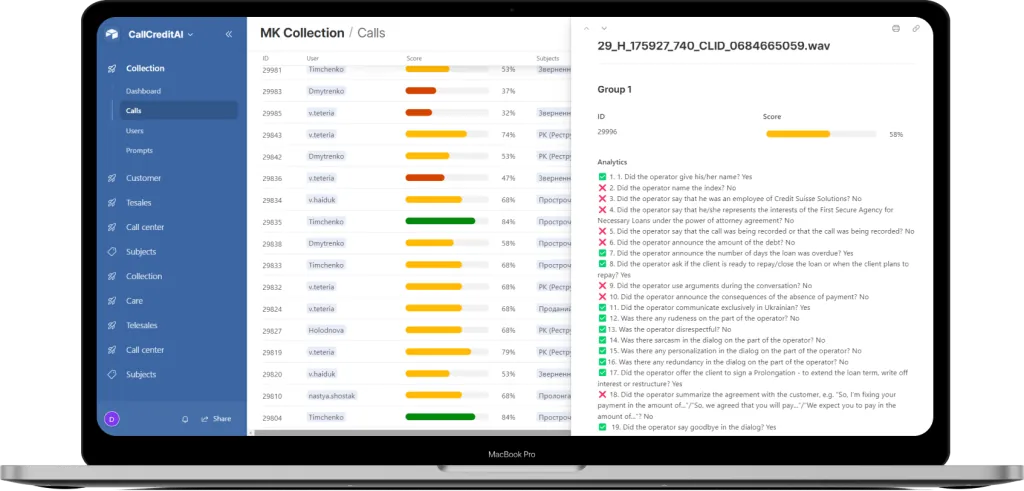 Callchecker.app dashboard on a laptop with call list, quality scores and call analysis