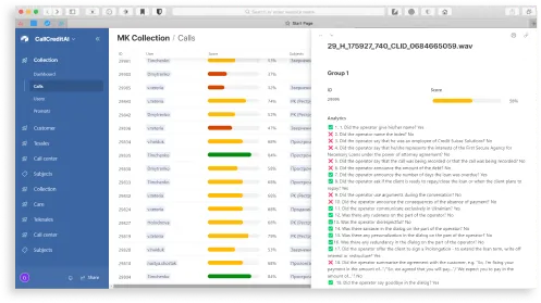 Call analysis report with quality score and checklist results in Callchecker.app